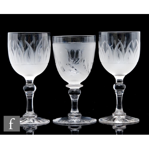 486 - A pair of 19th Century clear crystal glass goblets, possibly Richardsons, circa 1860, the ovoid bowl... 