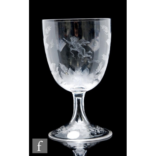 495 - A 19th Century Stourbridge clear crystal wine glass, circa 1880, the ovoid bowl with an engraved fig... 