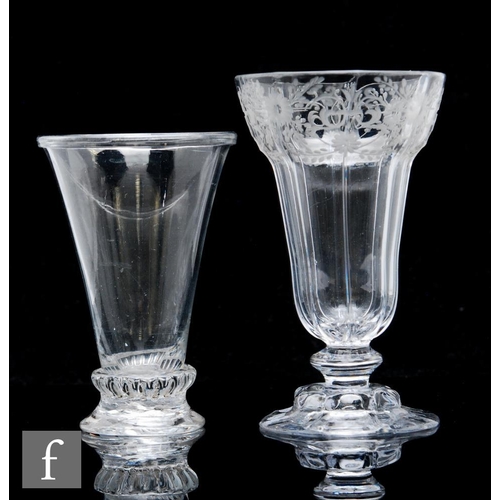 245 - An 18th Century syllabub glass circa 1770, rib moulded with pan top, engraved with stylised flowers ... 