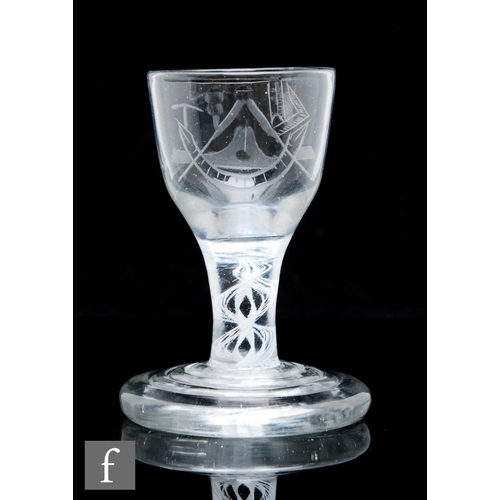 260 - An 18th Century Masonic Firing glass, circa 1765, the ogee bowl decorated with engraved Masonic embl... 