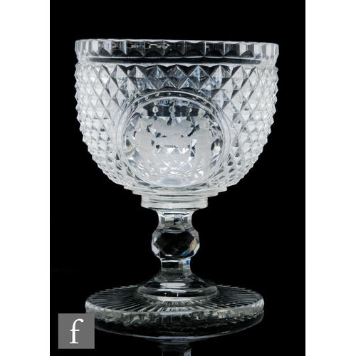 295 - An 18th Century pedestal serving bowl circa 1790, the cup form bowl cut with raised diamonds with a ... 