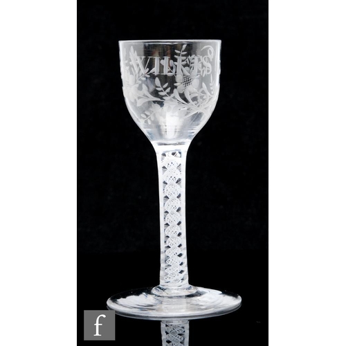 175 - An 18th Century drinking glass circa 1765, with political interest, the ogee bowl engraved WILKES No... 