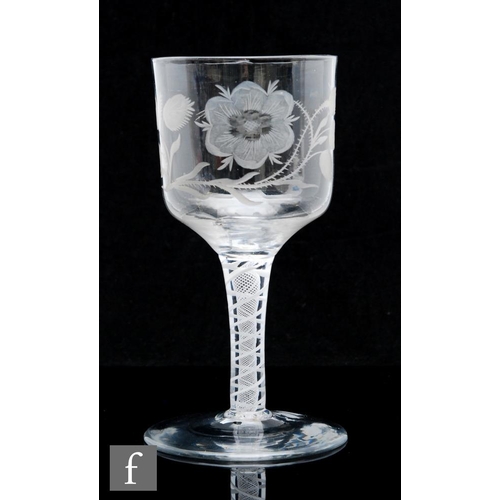 271 - A very large 18th Century Jacobite drinking glass, the ogee bowl engraved with a six petal rose and ... 