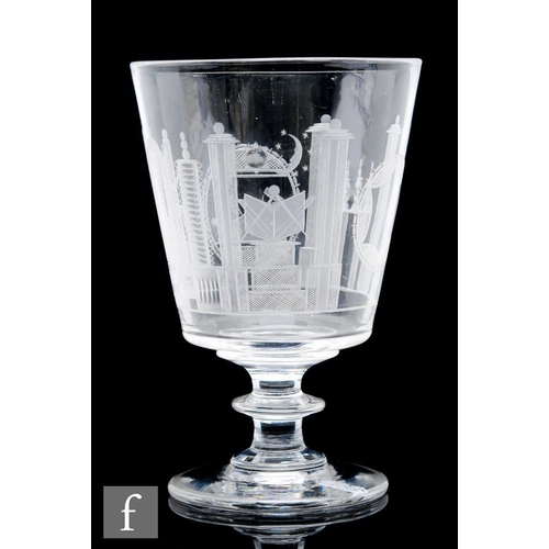 301 - An oversized glass rummer circa 1820, the bucket bowl profusely engraved with Masonic emblems, above... 