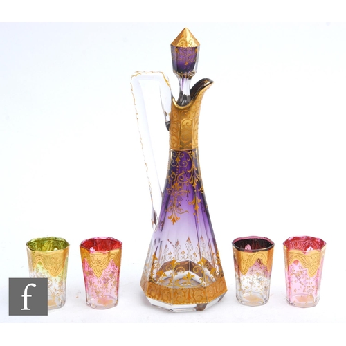 388 - A late 19th Century Moser liqueur set circa 1885, the decanter of slender slice cut conical form wit... 