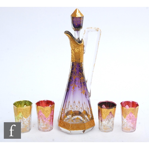 388 - A late 19th Century Moser liqueur set circa 1885, the decanter of slender slice cut conical form wit... 