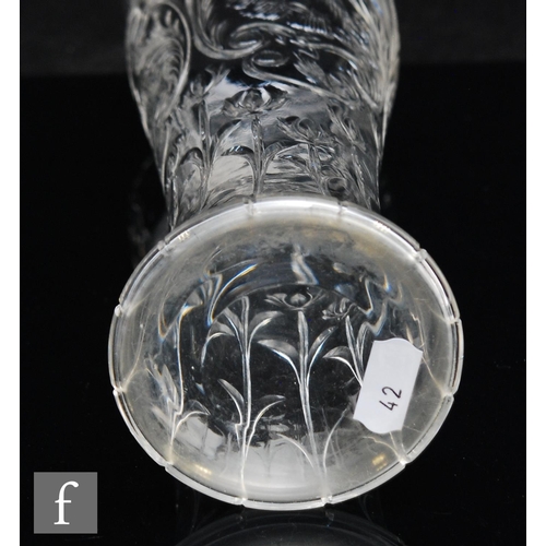 448 - An Art Nouveau glass vase of slender inverted baluster form with flared neck, polished intaglio cut ... 