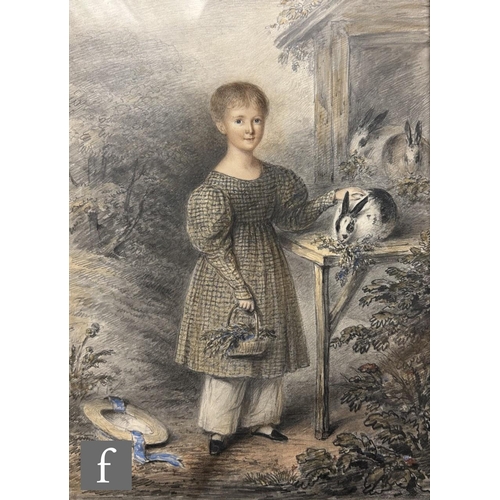 549 - WILLIAM MOORE SENIOR (1790-1851) - A portrait of a child with rabbits, watercolour and pencil, signe... 