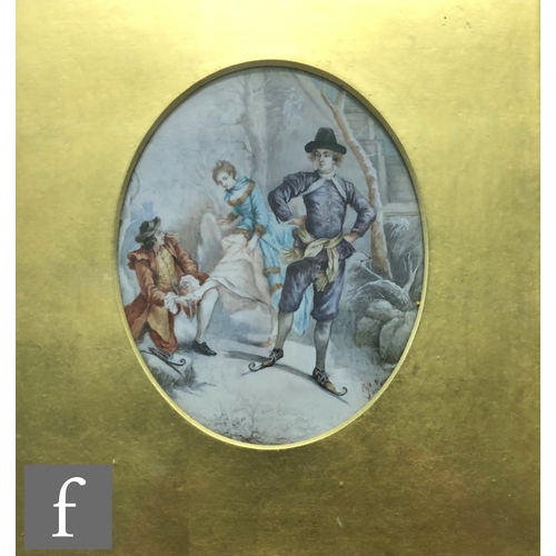 563 - FRENCH SCHOOL, LATE 19TH CENTURY - The Skating Party, enamel on ceramic plaque, oval, signed indisti... 