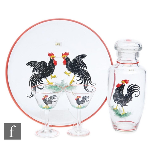 8001 - A Czechoslovakian Art Deco glass cocktail set, circa 1930, comprising a shaker, two glasses and a tr... 