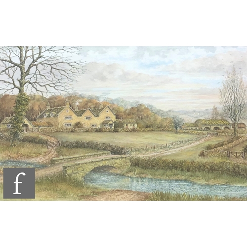 566 - LESLIE KNIGHT (CONTEMPORARY) - 'A Cotswold Farmhouse', watercolour, signed, framed, 24cm x 37cm, fra... 