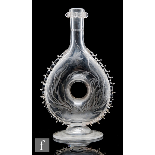 619 - A late 19th Century Stourbridge clear crystal pilgrim flask bottle of compressed ovoid form with cen... 