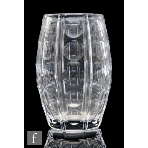 628 - A mid 20th Century Stuart & Sons clear cut crystal glass vase, designed by John Luxton, of swoll... 