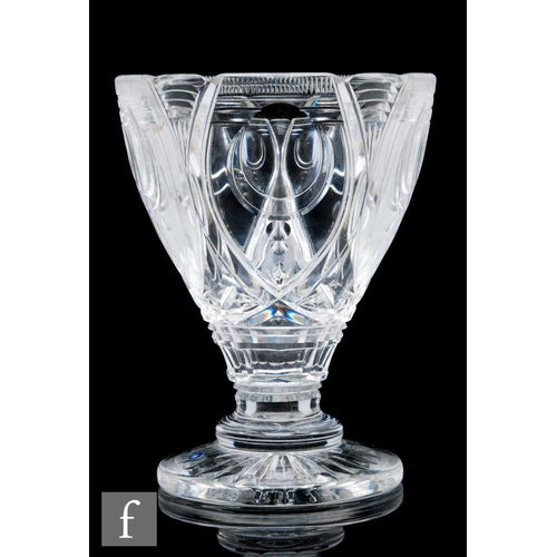 634 - A 1930s Stuart & Sons Art Deco cut clear crystal glass vase, the goblet form body decorated with... 