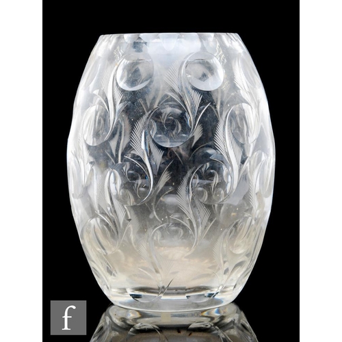 642 - A 1930s Royal Brierley clear cut crystal vase of swollen ovoid form, decorated with wrythen bands of... 