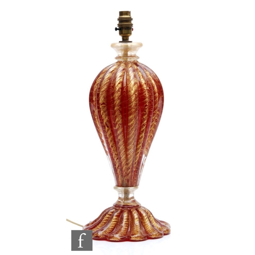 659 - A large post war Barovier and Toso Italian Murano Cordonato d'Oro glass table lamp base of fluted ov... 