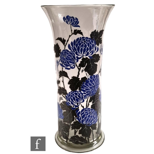 660 - A large 1920s French Art Deco vase, enamel decorated with blue chrysanthemum and black foliage on th... 