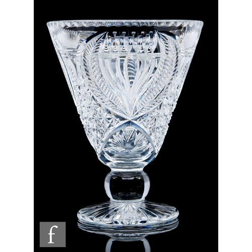 673 - A large later 20th Century Royal Doulton Crystal glass vase of footed conical form, the body heavily... 