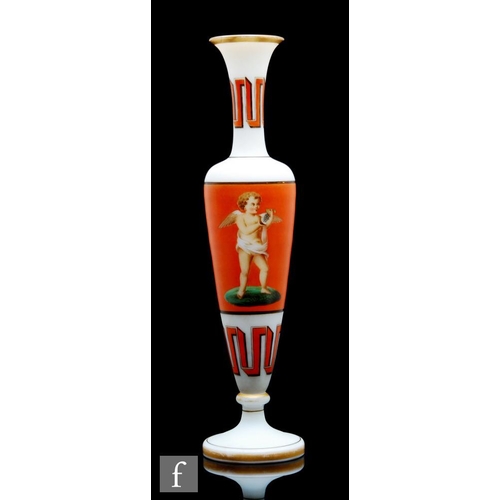 675 - A mid 19th Century satin opal vase in the manner of Richardsons, the footed slender body enamel deco... 