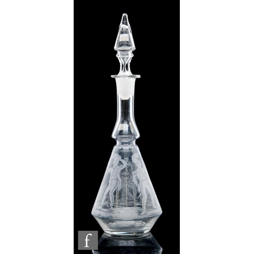8112 - A French glass decanter, circa 1900, the lower part of the stepped conical body acid etched with a s... 