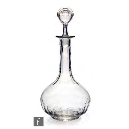 8130 - A later 19th century continental clear crystal decanter of compressed ovoid form with tall collar fl... 