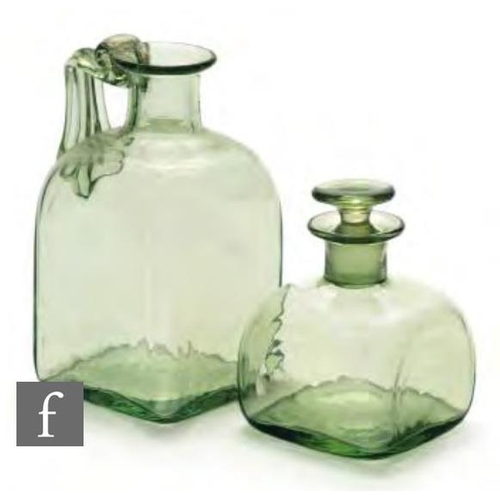 8141 - Two miniature squared decanters in revivalist olive green, possibly by Harry Powell for Whitefriars ... 