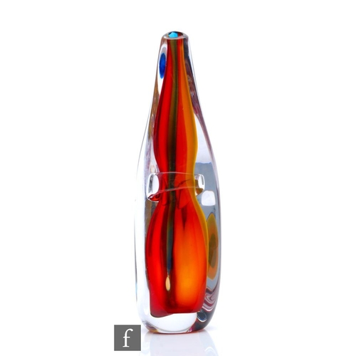 734 - A contemporary Vic Bamforth studio glass sommerso vase, of triform, internally decorated with a ruby... 