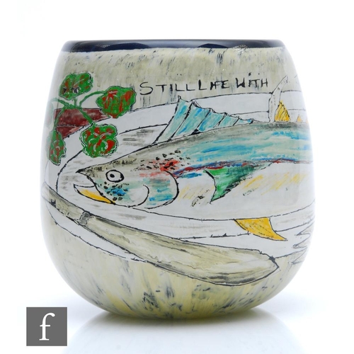 757 - A contemporary Vic Bamforth studio glass vase titled Still Life with Tuna Fish, of swollen ovoid for... 