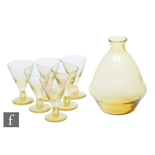 762 - A set of six 20th Century continental drinking glasses of conical form with a square knop stem raise... 