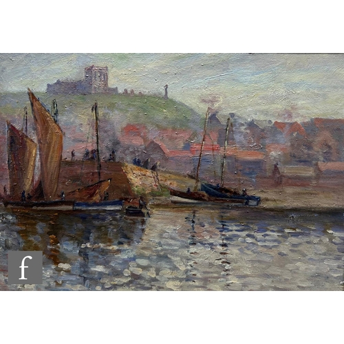 575 - ENGLISH SCHOOL (EARLY 20TH CENTURY) - 'Whitby Harbour', oil on canvas, signed with initials 'J.N.P.'... 