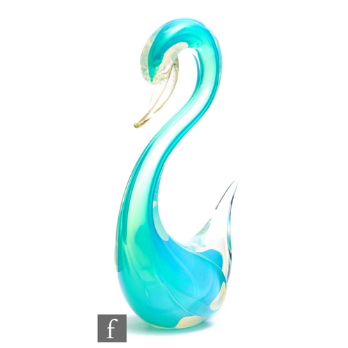 847 - A 20th Century Murano glass figure formed as a stylised swan, decorated in blue and opal cased in cl... 