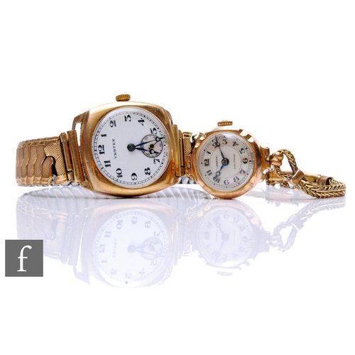 300 - A 9ct hallmarked manual wind Vertex wrist watch, Arabic numerals to a white enamelled dial, with a s... 