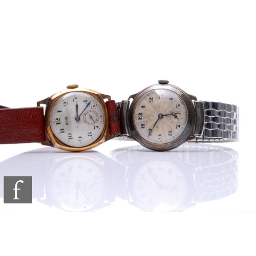 301 - A 9ct hallmarked gentleman's Rone manual wind wrist watch, Arabic numerals to a silvered dial, with ... 