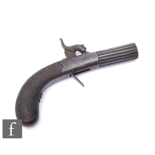 423 - A 19th Century percussion pocket pistol, ribbed 5cm barrel with under lever, hatched butt.