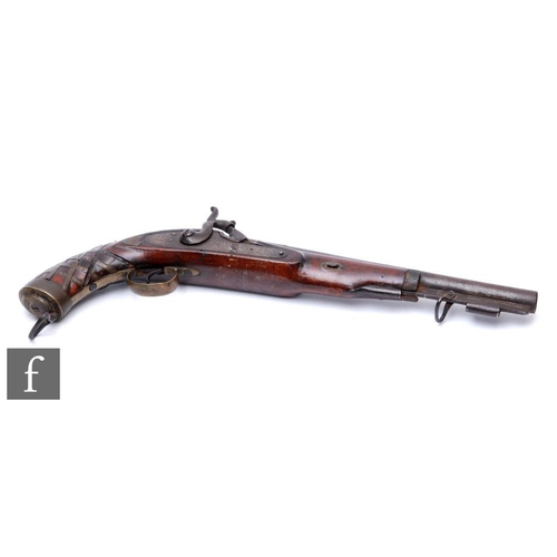 429 - A 19th Century Eastern percussion pistol, 29.5cm barrel, brass trigger guard and strap work to handl... 