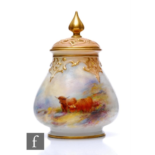 505 - A Royal Worcester shape H291 vase with spire cover panel decorated by Stinton with hand painted High... 