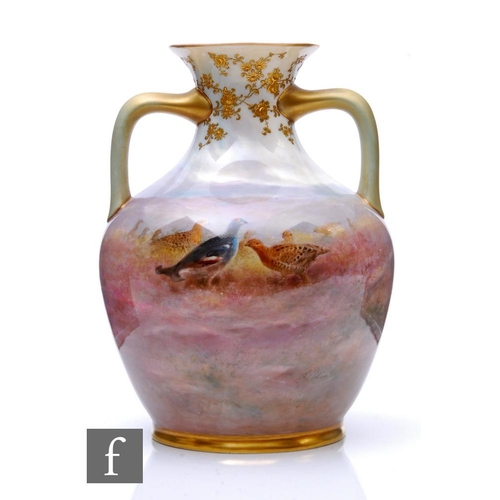 512 - A large Doulton Burslem Luscian Ware Portland shape vase hand painted by Samuel Wilson, the shoulder... 