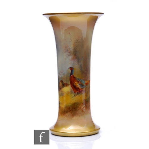 513 - A large Royal Worcester trumpet vase, shape G923, hand painted by James Stinton with pheasant to a w... 