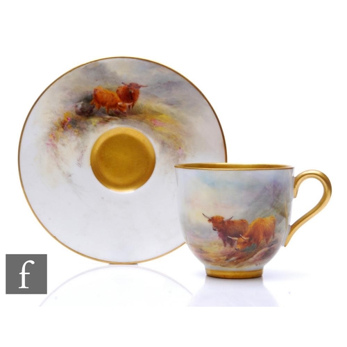 515 - A Royal Worcester cabinet coffee can and saucer, hand painted by Harry Stinton to the saucer and cup... 