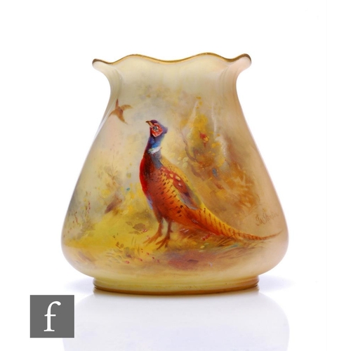 519 - A small Royal Worcester posy vase, shape number G957, the tapered ovoid body with frill rim, hand pa... 