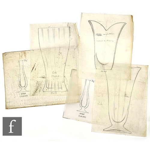 591 - Four original Whitefriars master artwork designs in pen and ink on tracing paper and a workshop illu... 