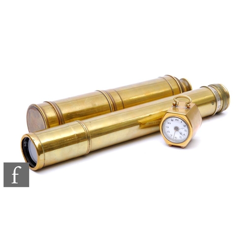 357 - An early 20th Century brass four drawer telescope, length 100cm, a similar military type brass teles... 