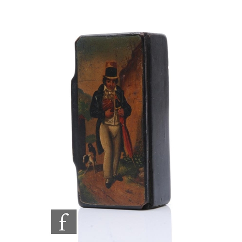 377 - A 19th Century rectangular papier mache snuff box painted with a figure of a gentleman wearing a blu... 