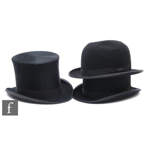 383 - A top hat made by J R Caswell Wolverhampton, in original cardboard box, and two bowler hats. (3)