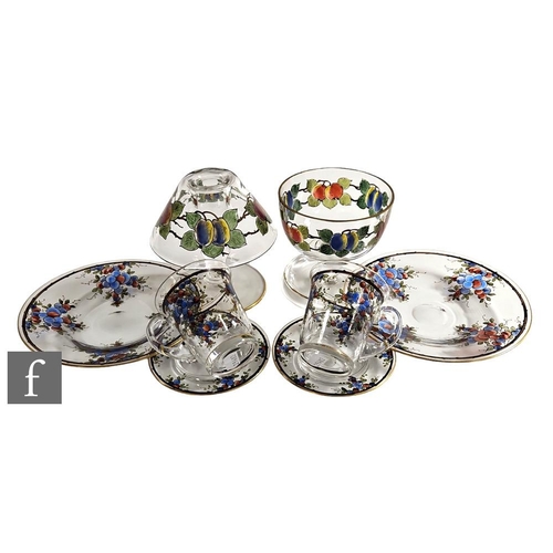 908 - A pair of 1920s Webb Corbett crystal glass coffee cups, saucers and side plates, all hand enamelled ... 