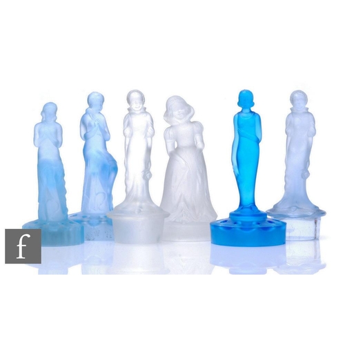 808 - A small collection of 1930s Art Deco glass figural centre pieces, all of female figure studies to in... 