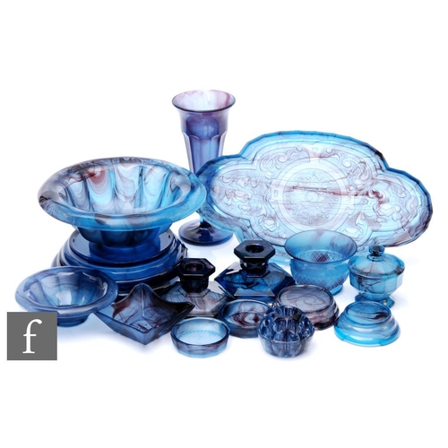 809 - A collection of 1930s Davidsons blue Cloud Glass to include a large pedestal bowl, smaller pedestal ... 