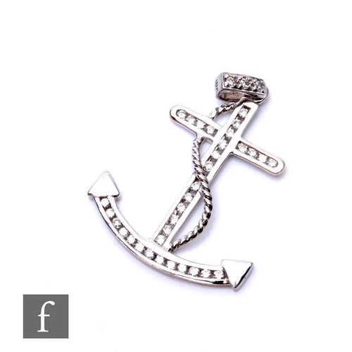 111 - An 18ct hallmarked white gold pendant modelled as a diamond set anchor, weight 2.7g, length 3.5cm.