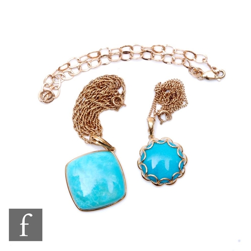 127 - Two 9ct mounted turquoise pendants each suspended from a 9ct chain, with a 9ct bracelet, total weigh... 