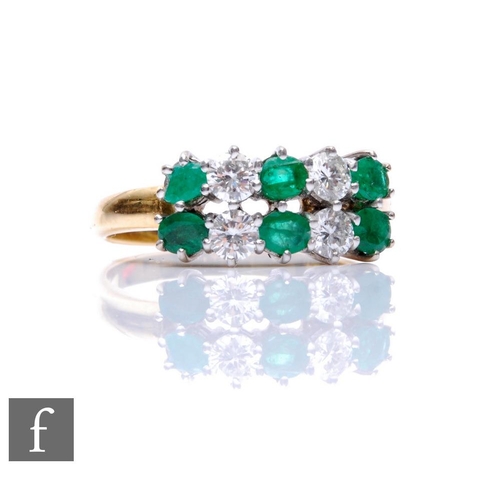 154 - An 18ct emerald and diamond ring, two horizontal rows comprising five alternating stones, all claw s... 